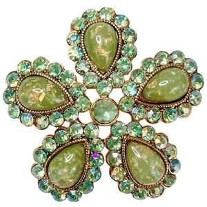 VTG 1960s Brooch Green Cabochons Rhinestones Starburst Sparkling Opal-Look MCM